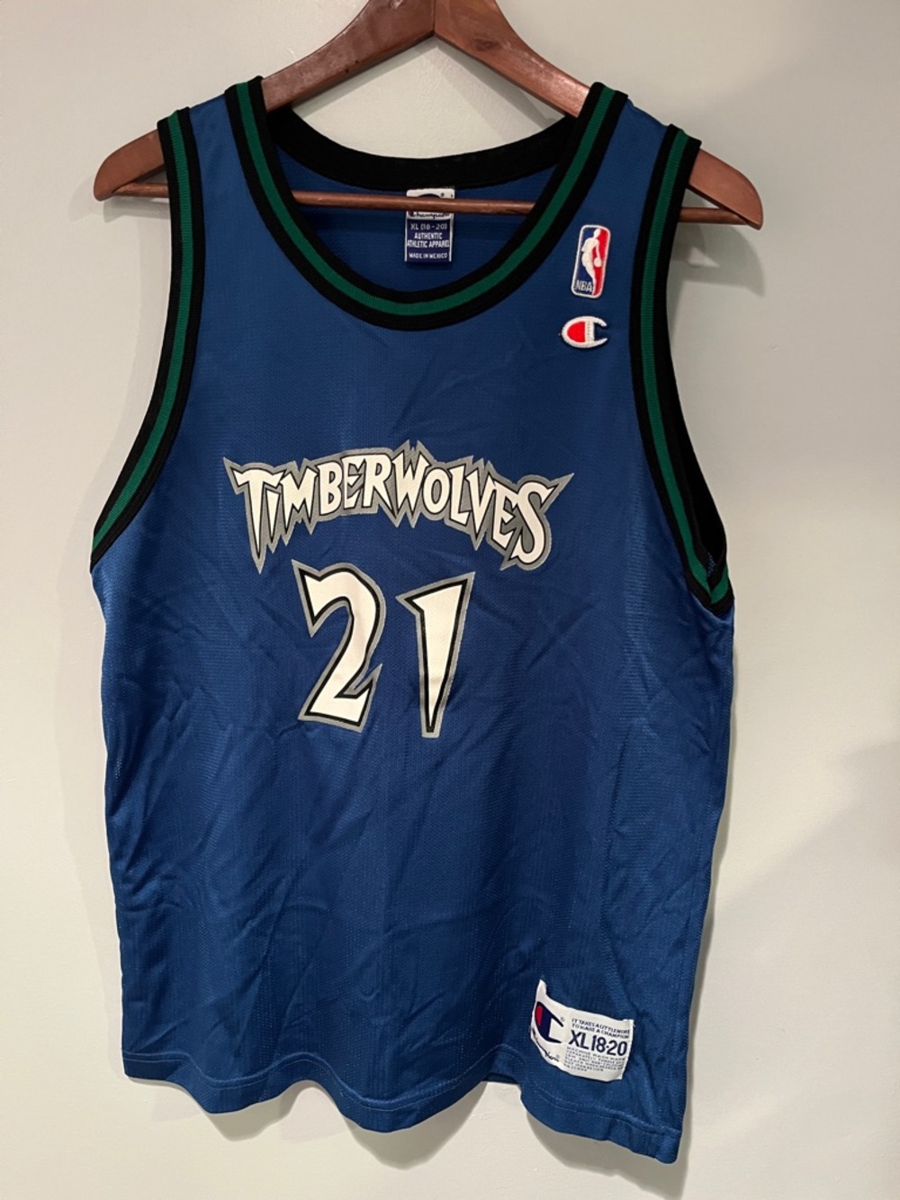 Champion Blue Timberwolves #21 Basketball Jersey with Green Trim